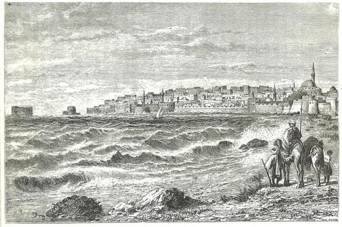 Þetta málverk, frá 1839, er af Haifa, séð úr norðri. Haifa hefur litið út svipað þessu þegar skipið sem Bahá'u'lláh var á kom þangað að morgni til 31. ágúst 1868. Hann dvaldi þar í nokkrar klukkustundir áður en Hann fór um borð í bát sem flutti Hann til fangelsisborgarinnar 'Akká. (Heimild: David Roberts, "Caiphas looking towards Mount Carmel") 