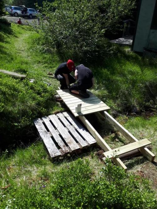 Unnið við gerð göngustíga í gamla skóginum.